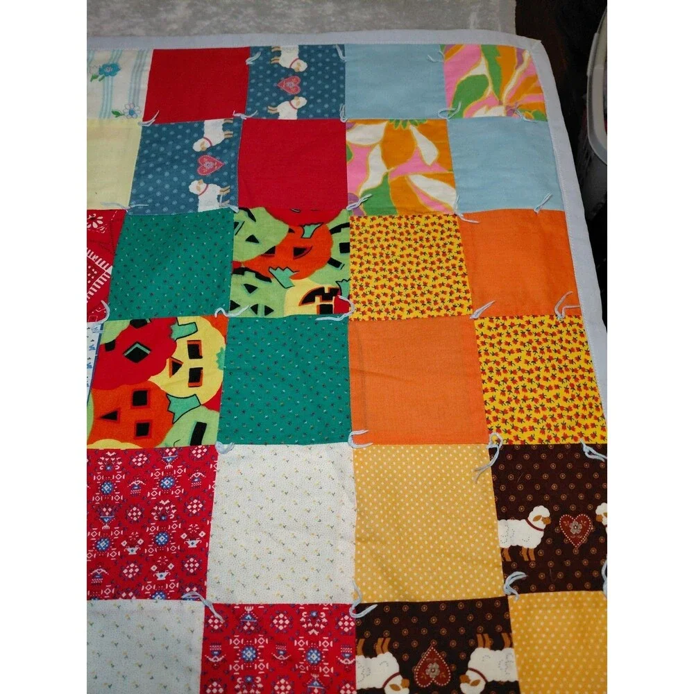 Vintage Scrap Patchwork Handmade Quilt Bright Floral Patches 80 X 40 READ DESC